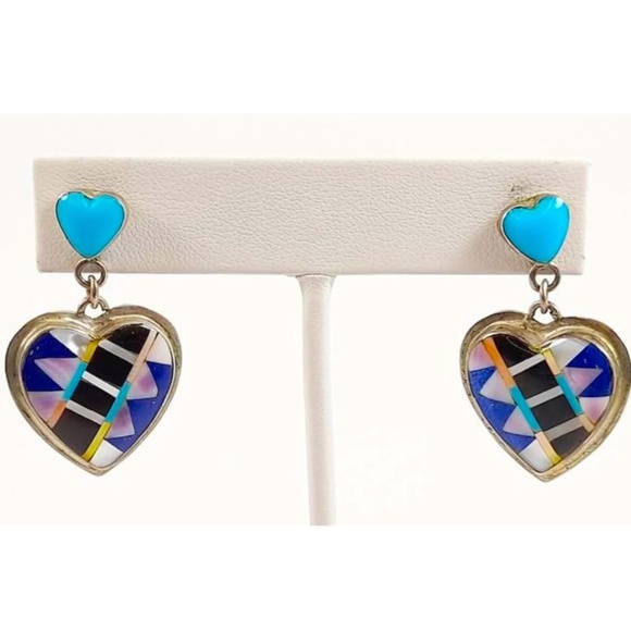 Native American Jewelry - Vintage Navajo Sterling Silver Heart Dangle Earrings Sandra Kenton